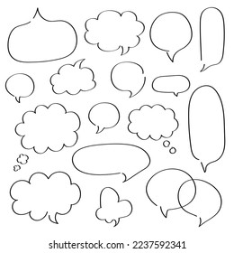 Collection of hand drawn speech bubbles different shape - round, oval, fluffy, etc. Big and small doodle chat clouds. Dialogue, discussion, message, thought, reply sketch