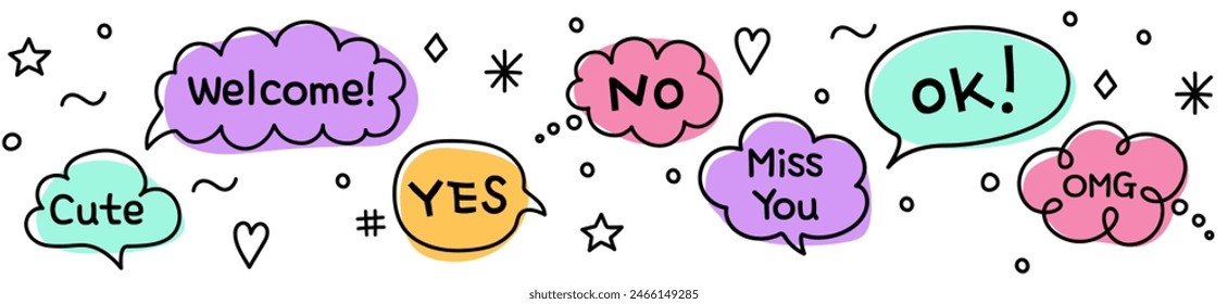 Collection of hand drawn speech bubbles with text message. Vector illustration