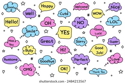 Collection of hand drawn speech bubbles with text message. Vector illustration
