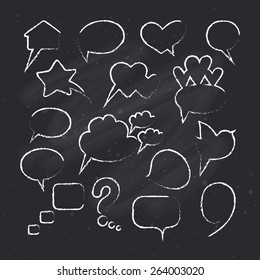 Collection of hand drawn speech bubbles on chalkboard background. Vector illustration.