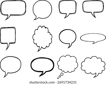 Collection of hand drawn speech bubbles and thought bubbles in various shapes and styles