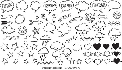 Collection of hand drawn speech bubbles and emotive elements