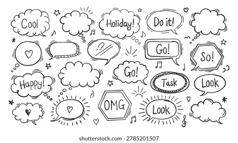 Collection of hand drawn speech bubbles with words like Cool, Holiday, Do it, Happy, Go, Task, Look, OMG, and So. Includes icons like hearts, stars, and musical notes.