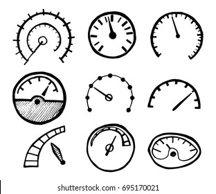 Collection of Hand Drawn Speedometer Icons Isolated on White Background. Vector Illustration.