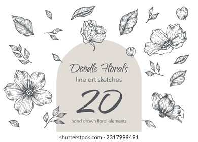 Colección de plantas y flores de primavera dibujadas a mano. Ilustraciones vectoriales monocromáticas en estilo de esbozo.