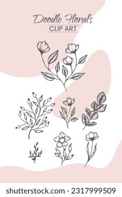 Collection of hand drawn spring flowers and plants. Monochrome vector illustrations in sketch style.