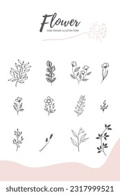 Collection of hand drawn spring flowers and plants. Monochrome vector illustrations in sketch style.