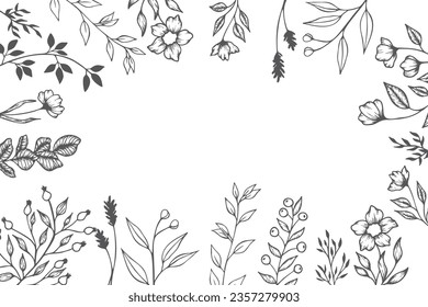 Colección de plantas y flores de primavera dibujadas a mano. Ilustraciones vectoriales monocromáticas en estilo de esbozo.