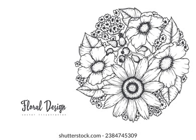 Colección de plantas y flores de primavera dibujadas a mano. Ilustraciones vectoriales monocromáticas en estilo de esbozo.