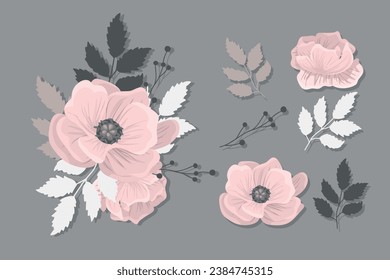 Collection of hand drawn spring flowers and plants. Monochrome vector illustrations in sketch style.