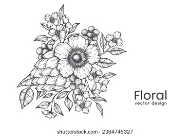 Collection of hand drawn spring flowers and plants. Monochrome vector illustrations in sketch style.