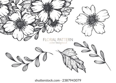 Colección de plantas y flores de primavera dibujadas a mano. Ilustraciones vectoriales monocromáticas en estilo de esbozo.	
