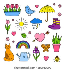 Collection Of Hand Drawn Spring Items Including Sun, Cloud, Umbrella, Boots, Flowers, Cat, Bird, Butterfly, Ladybug And Rainbow Isolated On White Background.