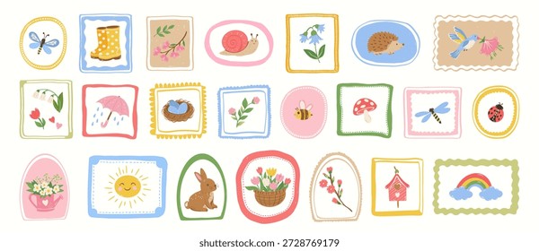 Colección de pegatinas de primavera verano dibujadas a mano y marcos decorativos. Flores, conejo, caracol, libélula, corazón, mariposa, pájaros, sol, pajarera.