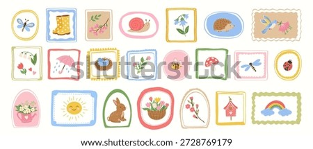 Collection of hand drawn spring summer stickers and decorative frames. Flowers, rabbit, snail, dragonfly, heart, butterfly, birds, sun, birdhouse.