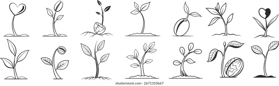 Sammlung von handgezeichneten Sprossenillustrationen mit Blättern und Bodengrund. Schwarz-weiße Sämlingskizzen, perfekt für Öko-, Natur- und Wachstumsdesign-Projekte. Bio-Pflanzenlinien-Kunstset.