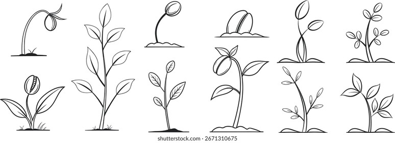 Coleção de ilustrações de brotos desenhados à mão com folhas e base de solo. Esboços de plântulas pretas e brancas perfeitos para projetos de design ecológicos, naturais e de crescimento. Conjunto orgânico de arte de linha vegetal.