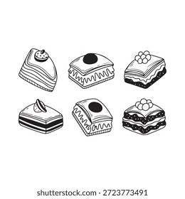 Uma coleção de bolos quadrados desenhados à mão com várias coberturas de frutas