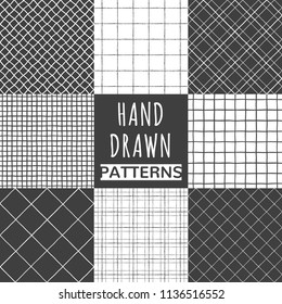 Collection of hand drawn square, check, net seamless patterns. Brush, chalk, doodle style grating, plaid, grid, lattice backgrounds set. Uneven, deformed, rough crossing diagonal stripes textures.