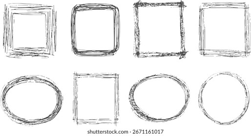 Colección de marcos cuadrados y circulares dibujados a mano con una textura incompleta sobre un fondo blanco