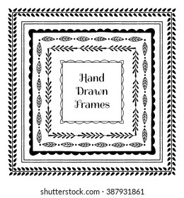 Collection of hand drawn square frames. Vector illustration.