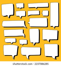 Collection of hand drawn square speech bubbles. Big and small doodle chat clouds. Dialogue, discussion, message, reply comic sketch on yellow background