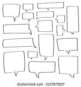 Collection of hand drawn square speech bubbles. Big and small doodle chat clouds. Dialogue, discussion, message, reply sketch on white background