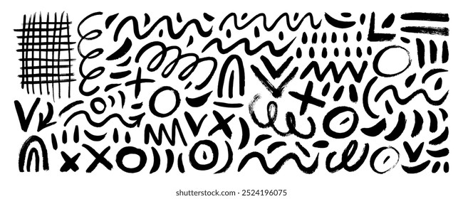 Coleção de rabiscos desenhados à mão, traçados curvos, rabiscos e rabiscos desenhados com pincel. Rabiscos de marcadores grosseiros, elementos de linhas curvas. Elementos isolados de estilo infantil. Estilo de rabisco criativo.