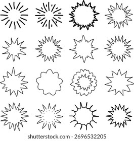 Colección de estallidos de estrellas dibujados a mano y explosiones en tinta negra sobre fondo blanco