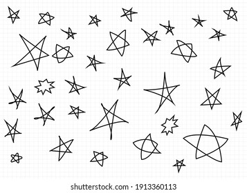 collection of hand drawn stars style set on white isolated background