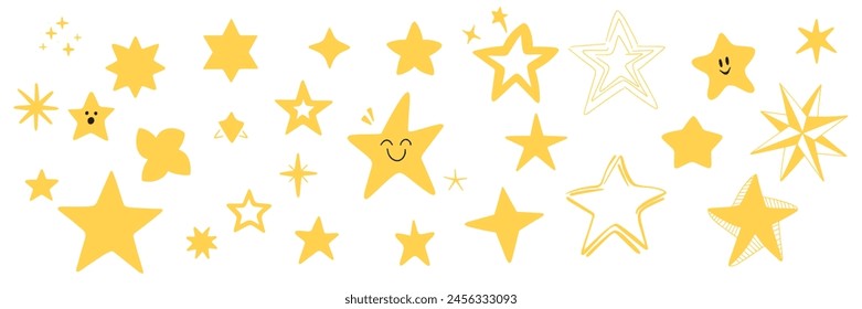 Colección de estrellas dibujadas a mano, color amarillo aislado. Arte vectorial dibujado a mano.