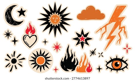 Collection of hand drawn sticker designs showcasing celestial motifs like suns moons lightning clouds and fire symbols illustrated in a trendy graphic style for scrapbooks.
