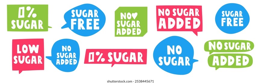 Collection of hand drawn stickers. No sugar. Vector design. Illustrations on white background.