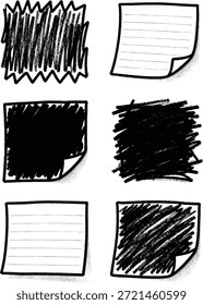 Colección de notas adhesivas dibujadas a mano y texturas cuadradas garabateadas con notas de papel con líneas con esquinas rizadas y bocetos de apagado fuertemente sombreados en estilo de marcador áspero