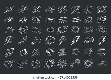 Coleção de estilo desenhado à mão raios de explosão e efeitos de impacto com várias formas e texturas em monocromático