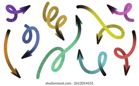Collection of hand drawn style grunge  arrows pointing in various directions on a white background.