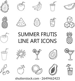 Collection of hand drawn summer fruit and drink line art icons