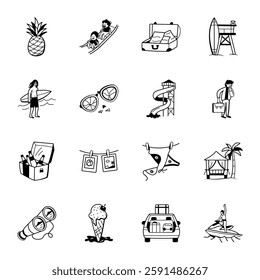 Collection of Hand Drawn Summer Fun Icons 
