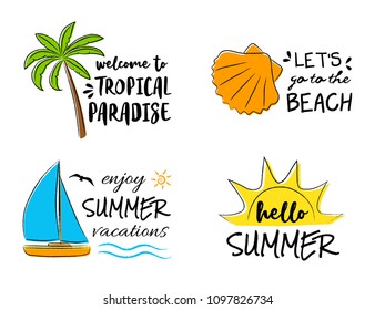 Collection of hand drawn summer icons with funny text. Vector.