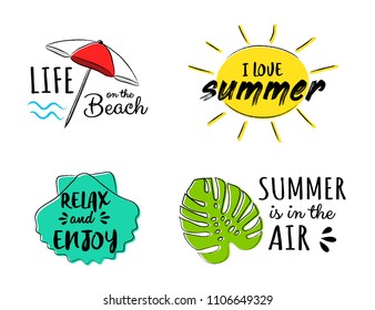 Collection of hand drawn summer icons with funny text. Vector.