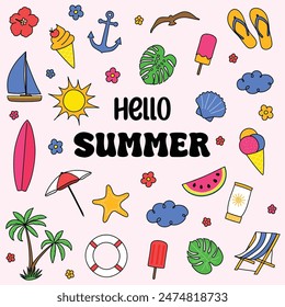 Colección de un dibujo a mano de iconos de verano. Hola Summer. Ilustración vectorial