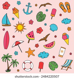 Collection of a hand drawn summer icons. Vector illustration