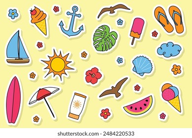 Collection of a hand drawn summer icons. Design of a stickers. Vector illustration
