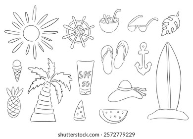 Collection of hand drawn summer objects including sun, ice cream, and surfboard evokes a sea vibe. Set black sketch isolated on white background vector illustration