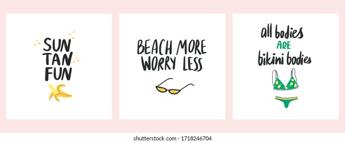 Colección de presupuesto de verano dibujado a mano con bikini. Palabras vectoriales planas para impresión, textil, pantalones en T, carteles, tarjetas. Ilustración estilizada del doodle. Frases con letras hechas a mano por vectores.