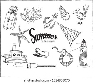 Collection of hand drawn summer sea and beach elements