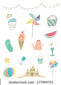 Collection Of Hand Drawn Summer Vector Clip Art Elements - Beach Ball, Sand Castle, Pinwheel, Water Can, Flip Flop, Snow Cone, Beach Bag, And Watermelon Slice