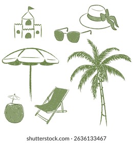 Collection of hand drawn summer vector illustrations with rustic doodle, grunge style, crayon and charcoal elements. Chalk, charcoal, crayon and ink sketch drawings