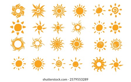 A Collection of Hand Drawn Sun Icons, Diverse Styles of Sunshine and Radiance, From Spirals to Flames, a Sunny Graphic Resource