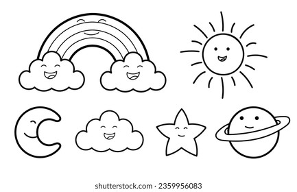 collection of hand drawn sun, moon and stars with cheerful faces on a white background